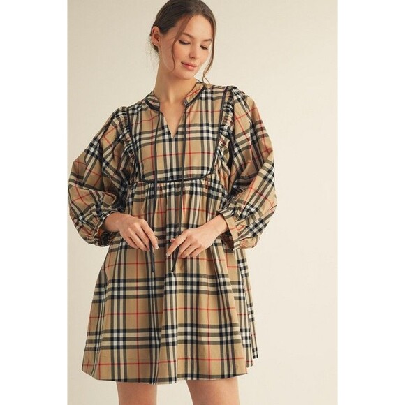 Jodifl Tie Neck Detail Plaid Babydoll Dress - Picture 2 of 4